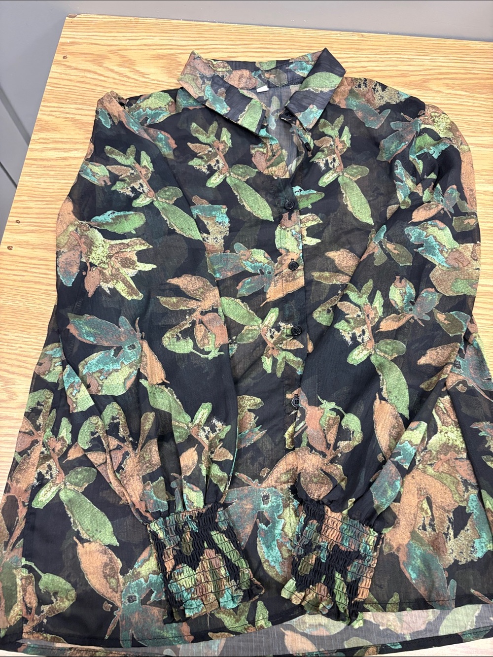 Black Floral Button-Front Sheer Blouse